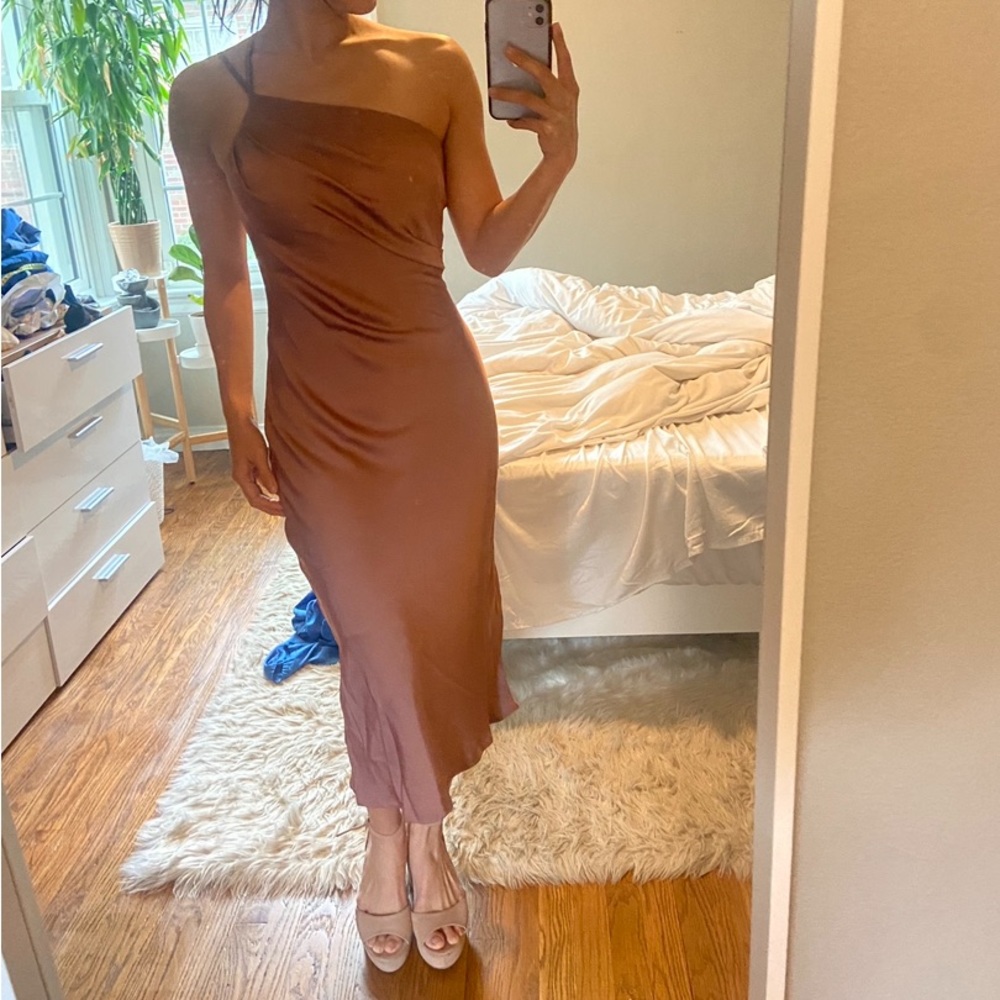 PRETTY GARDEN MIDI SATIN DRESS ONE SHOULDER MAUVE S